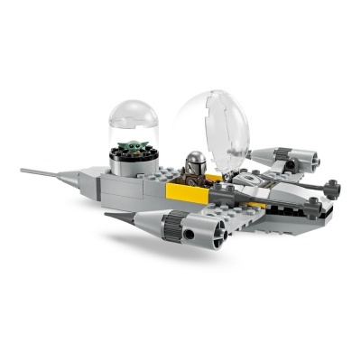 Veículo espaçonave de blocos de montar cinza com detalhes amarelos e duas miniaturas.