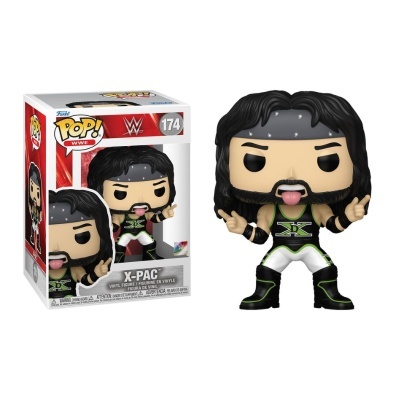 Figura Funko Pop WWE X-Pac número 174 com roupa preta e verde e bandana cinza dentro de caixa