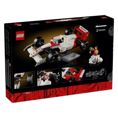 Caixa do set LEGO McLaren Senna com carro de corrida em lego e mini-figura com troféu