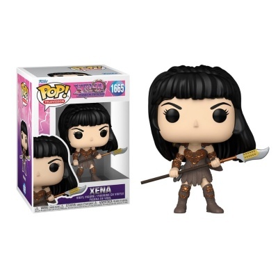 Figura Funko Pop! da personagem Xena com armadura marrom e lança ao lado da caixa correspondente