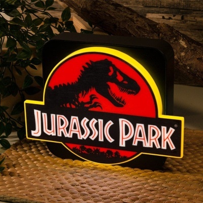Luz decorativa Jurassic Park luzida com dinossauro e fundo vermelho