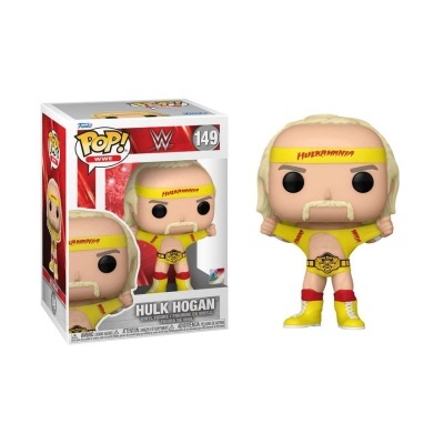 Figura colecionável do Hulk Hogan com roupa amarela e vermelha ao lado da caixa Pop! WWE número 149