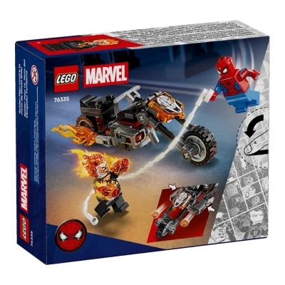 Caixa LEGO Marvel com set de Spider-Man, Ghost Rider e mota de chamas.