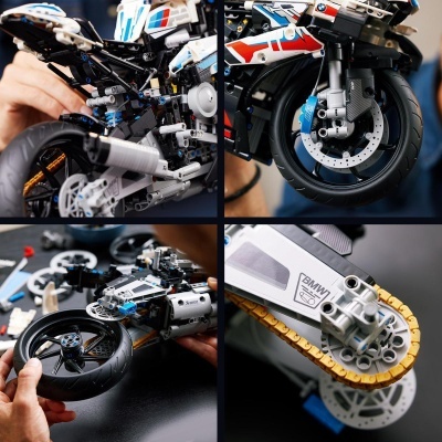 Modelo LEGO detalhado de mota BMW com cores branca, azul, vermelha e preta, destacou placa BMW e suspensão