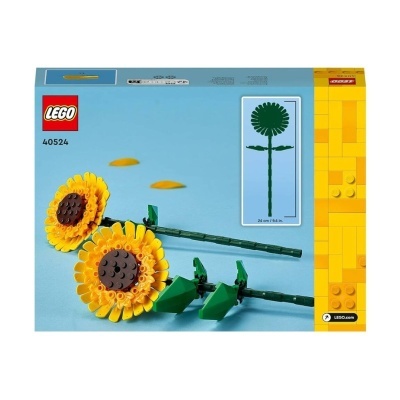 Caixa de LEGO com girassóis em peças LEGO amarelas, castanhas e verdes