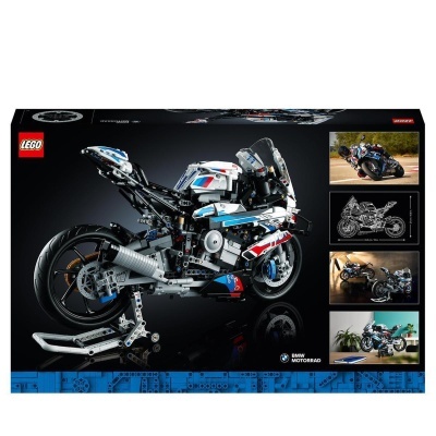 Caixa de LEGO modelo mota BMW Motorrad com várias imagens do modelo na embalagem preta