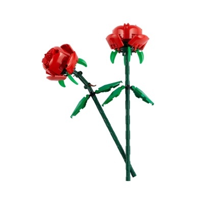 Duas flores de rosa feitas com peças de LEGO em vermelho e verde