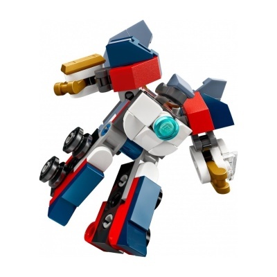 Modelo de robô feito de blocos LEGO coloridos com detalhes dourados e peça translúcida azul