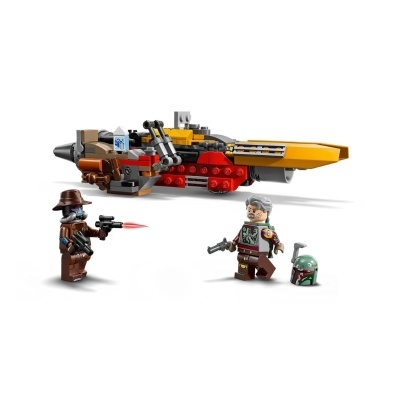 Conjunto de peça LEGO com nave e duas figuras armadas em fundo branco.