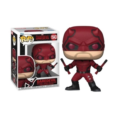 Figura Funko Pop! Daredevil de fato vermelho e preto com bastões junto da caixa