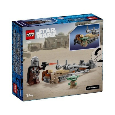 Caixa LEGO Star Wars com figuras do Mandaloriano e Grogu e uma pequena nave espacial