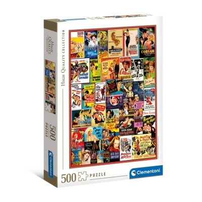 Puzzle de 500 peças da Clementoni com cartazes de filmes clássicos numa caixa branca