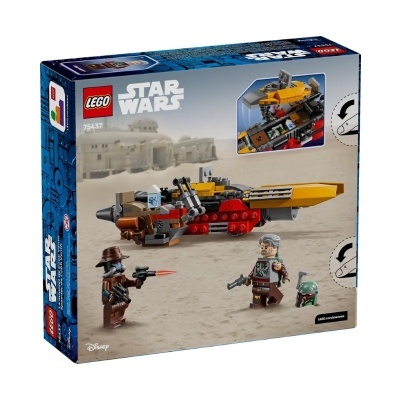 Caixa LEGO Star Wars com nave espacial amarela, vermelha e cinza e duas mini-figuras no deserto