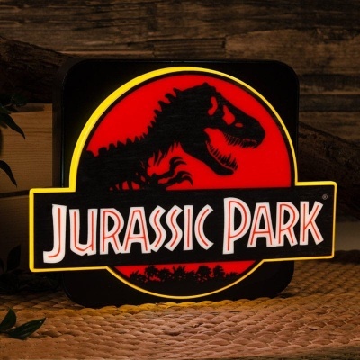 Placa luminosa com logo JURASSIC PARK em vermelho e preto