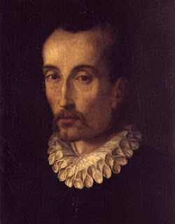 25 de abril de 1595. Morre Torquato Tasso Retrato pintado de homem com gola branca em babado e veste preta