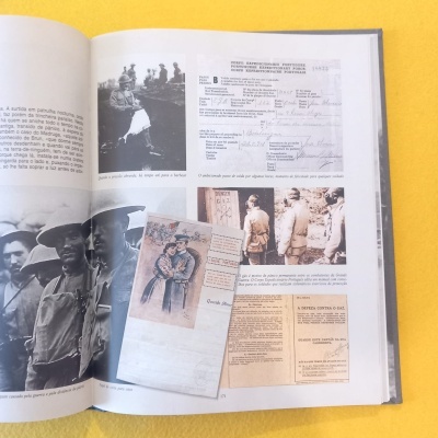 Página de livro aberta com fotografias e textos históricos sobre soldados da Primeira Guerra Mundial