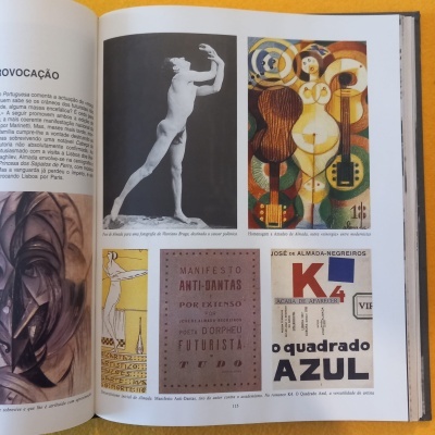 Página de livro com imagens e textos sobre Almada Negreiros