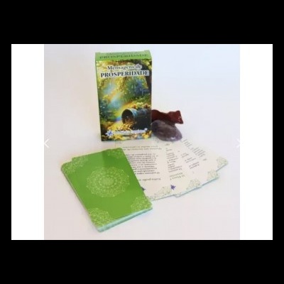 Cartas verdes com padrão, duas pedras e caixa do conjunto Mensagens da Prosperidade