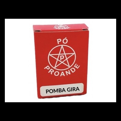 Caixa vermelha pó Proande Pomba Gira com pentagrama e texto em branco
