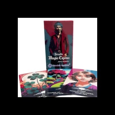 Pacote de baralho Magia Cigano e três cartas coloridas com imagens diversas