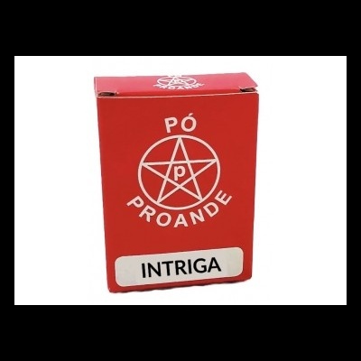 Caixa vermelha de PÓ PROANDE INTRIGA com símbolo de pentagrama branco.