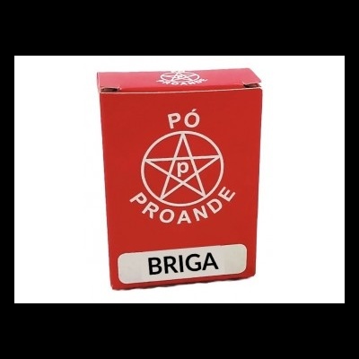 Caixa vermelha do produto Pó Proande Briga com pentagrama branco e etiqueta preta e branca.