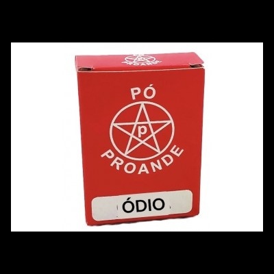 Embalagem vermelha de pó Proande com símbolo e texto ÓDIO