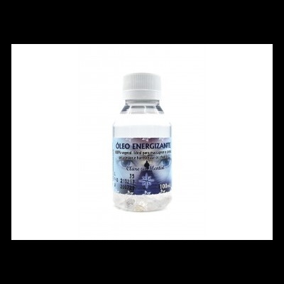 Frasco branco de óleo energizante com rótulo azul e tampa branca