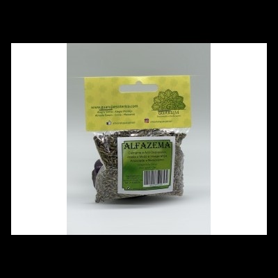 Pacote de alfazema em embalagem plástica com rótulo verde e amarelo