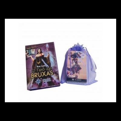 Conjunto de Tarô das Bruxas com caixa roxa e cartas dentro de saco de organza lilás