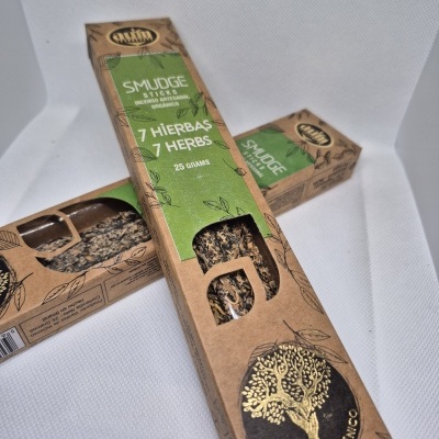 Embalagem de incenso 7 ervas em papel reciclado com selo orgânico