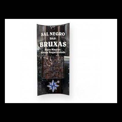 Embalagem preta com cristais de sal negro e texto em branco