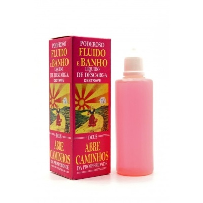 Frasco de líquido rosa com embalagem vermelha e texto amarelo, aroma espiritual.