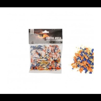 Embalagem de iscas artificiais coloridas com texto Contra Inveja na parte superior