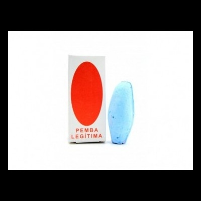 Barra azul clara e embalagem branca com oval vermelho e texto PEMBA LEGÍTIMA