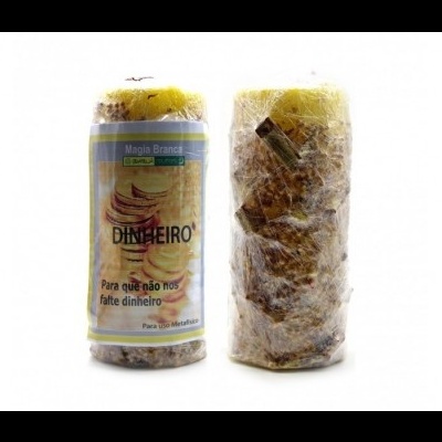 Incenso amarelo embalado com rótulo de magia branca dinheiro