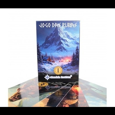 Caixa do jogo de cartas JOGO DAS RUNAS com paisagem nevada e cartas coloridas ao fundo