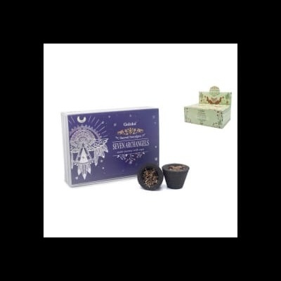 Conjunto Seven Archangels com caixa roxa e recipientes pretos com ervas