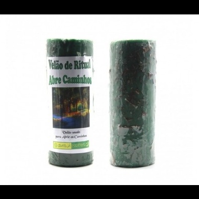Dois velões de ritual verdes, um com etiqueta Velão de Ritual Abre Caminhos