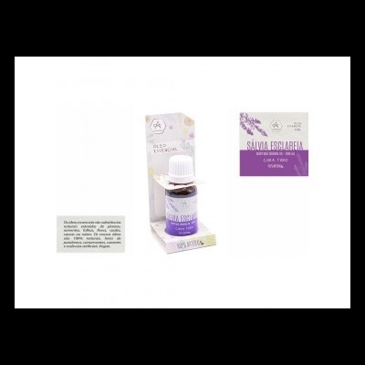 Frasco de óleo essencial de salva-esclareia com rótulo roxo e branco e embalagem cartonada