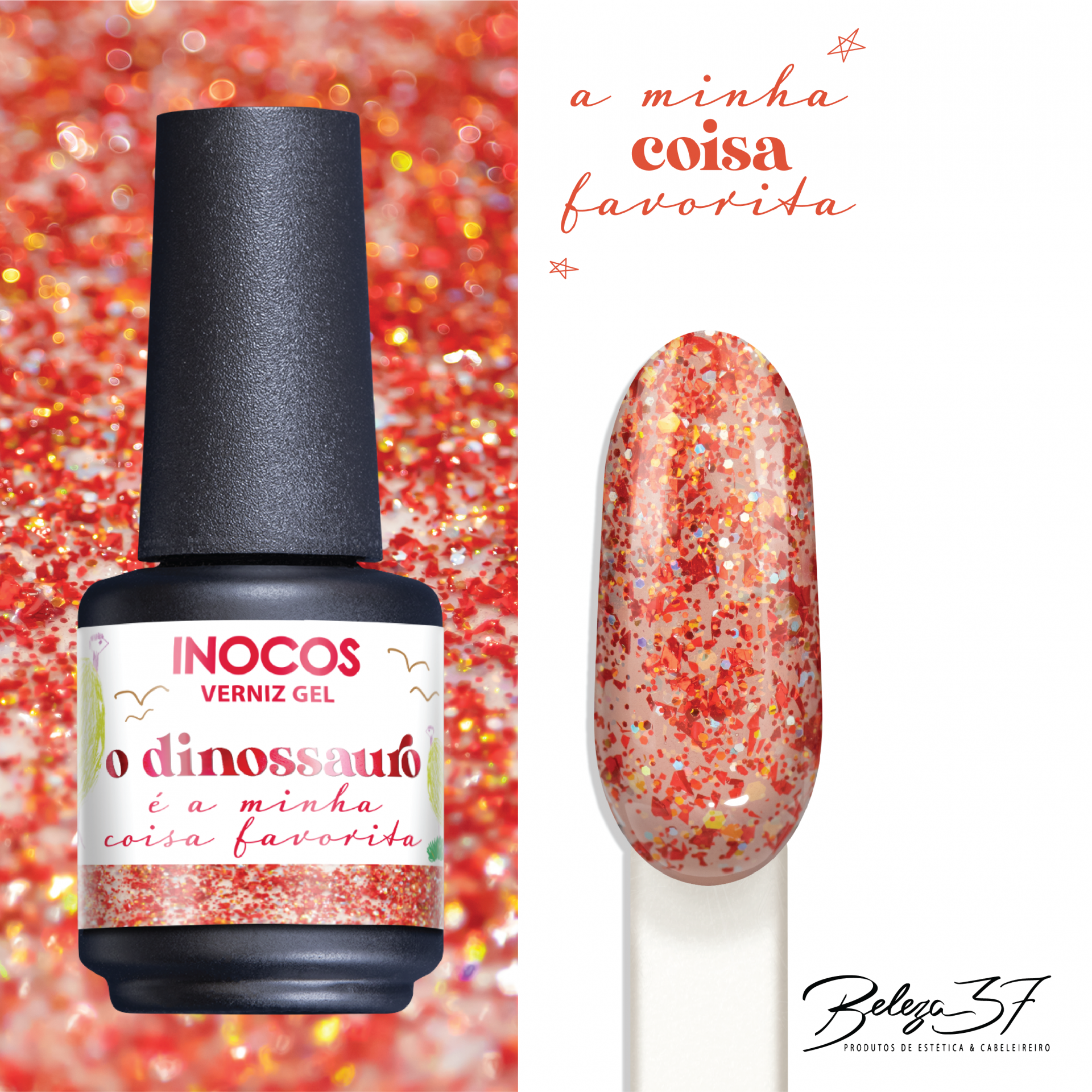 Verniz Gel Inocos – 369 - Dinossauro Frasco de verniz gel vermelho com glitter e amostra de cor em unha