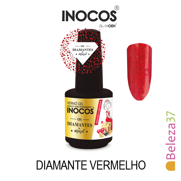 Verniz Gel Inocos 169 - Diamante Vermelho (Edição Limitada) Frasco de verniz gel INOCOS cor diamante vermelho com amostra da cor