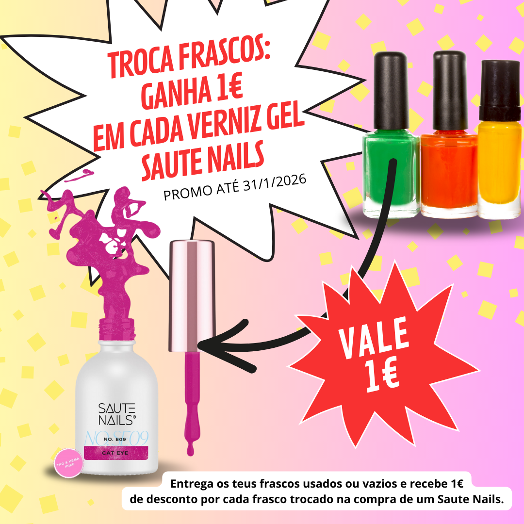 Imagem promocional de vernizes gel Saute Nails com frascos coloridos e texto promocional em português.