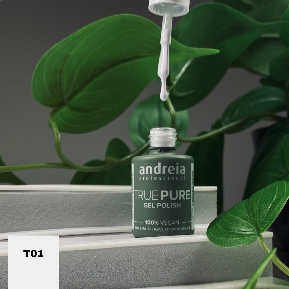 The Gel Polish Andreia True Pure T01 - White (Branco Puro) Frasco de verniz gel unhas Andreia Professional TRUE PURE
