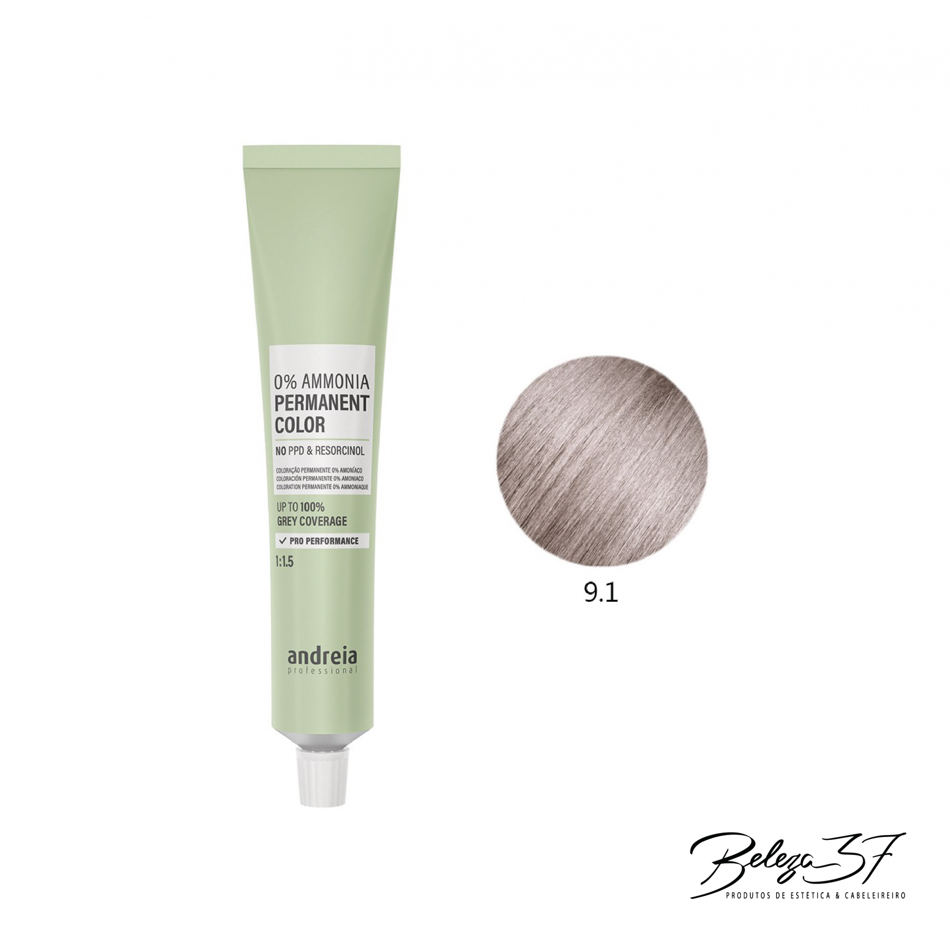 Coloração Permanente Andreia 0% Amoníaco 9.1 Tubo verde claro de coloração permanente para cabelo da marca andreia e amostra de cor 9.1 cinza claro prateado