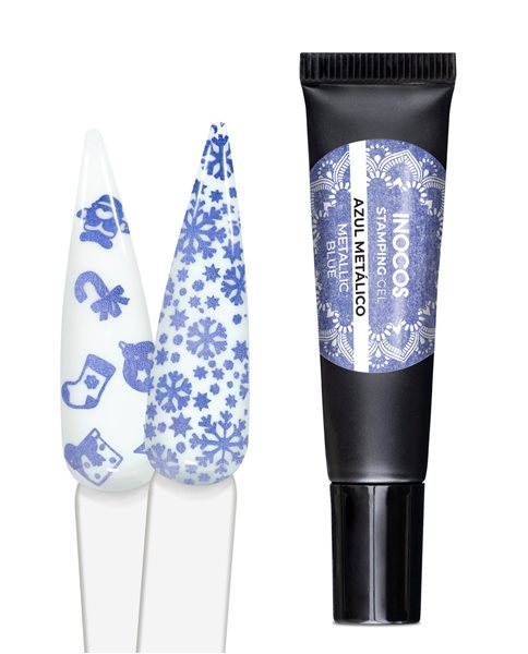 Stamping Gel Inocos 8ml - Azul Metálico Tubo de verniz azul metálico com amostras decorativas de unhas azuis com padrões de Natal