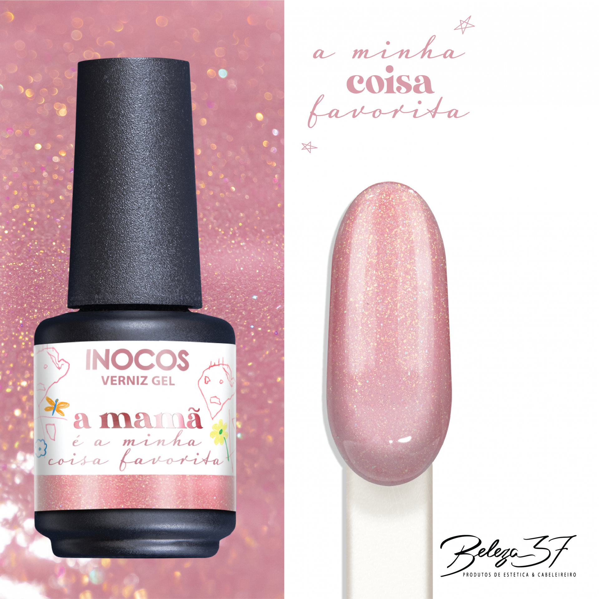 Verniz Gel Inocos – 370 - Mamã Verniz gel rosa cintilante INOCOS com rótulo personalizado e amostra da cor