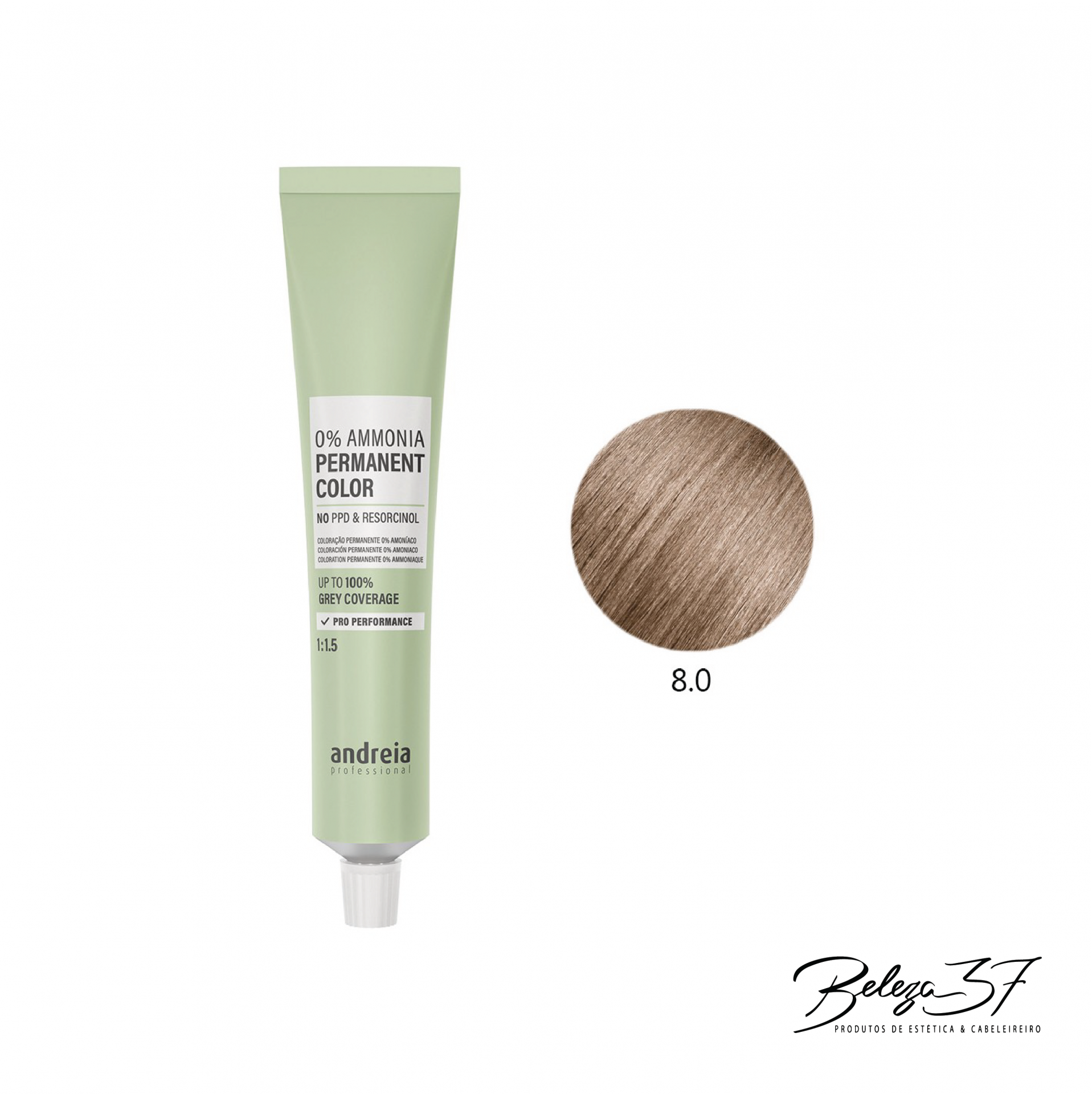 Coloração Permanente Andreia 0% Amoníaco 8.0 Tubo verde claro de tinta para cabelo e amostra de cor castanho claro 8.0.