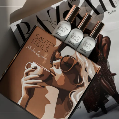 Coleção de Verniz Gel Saute Nails Mocha Essence + Top Glossy No Wipe