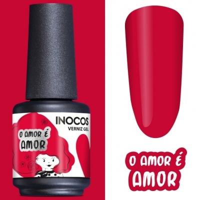 Frasco de verniz gel INOCOS com rótulo vermelho e branco e amostra de cor vermelha brilhante.